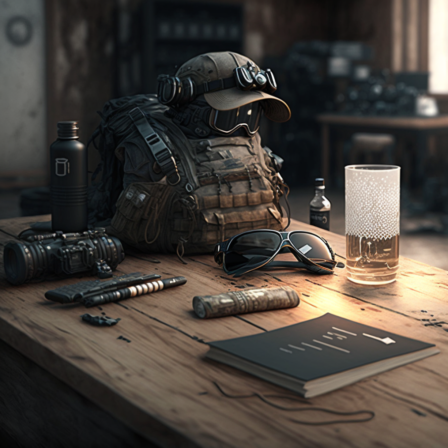 RAIM_airsoft_equipment_on_a_wooden_table_realistic_detailed_cgi_b5a37149-6c49-4f4d-84bc-ee5f71be10a5